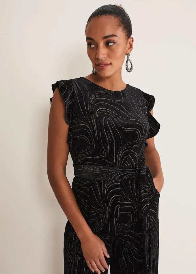 Phase Eight Victoriana Swirl Velvet Jumpsuit Blackgold Women Jumpsuits