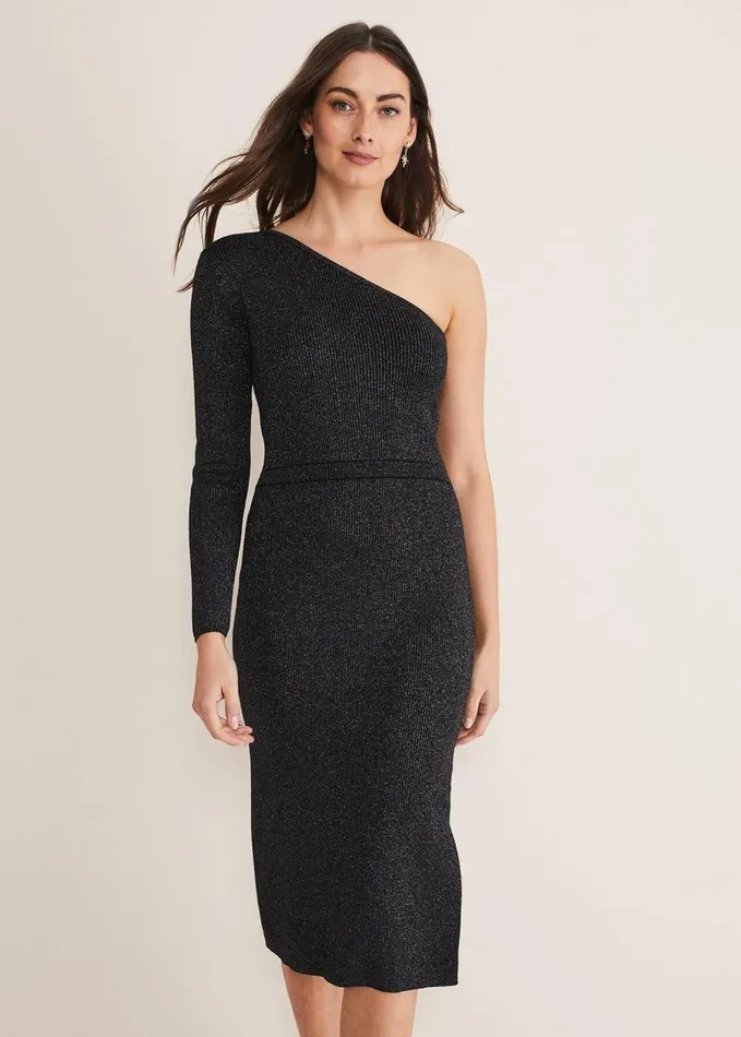 Phase Eight Zemira One Shoulder Lurex Knitted Dress Blackgunmetal Women Dresses