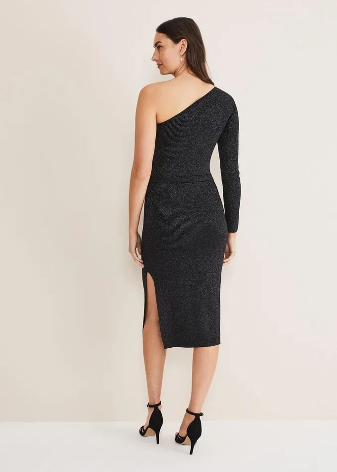 Phase Eight Zemira One Shoulder Lurex Knitted Dress Blackgunmetal Women Dresses