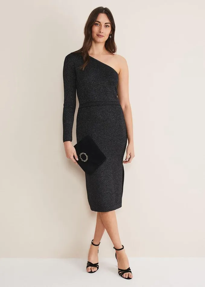 Phase Eight Zemira One Shoulder Lurex Knitted Dress Blackgunmetal Women Dresses