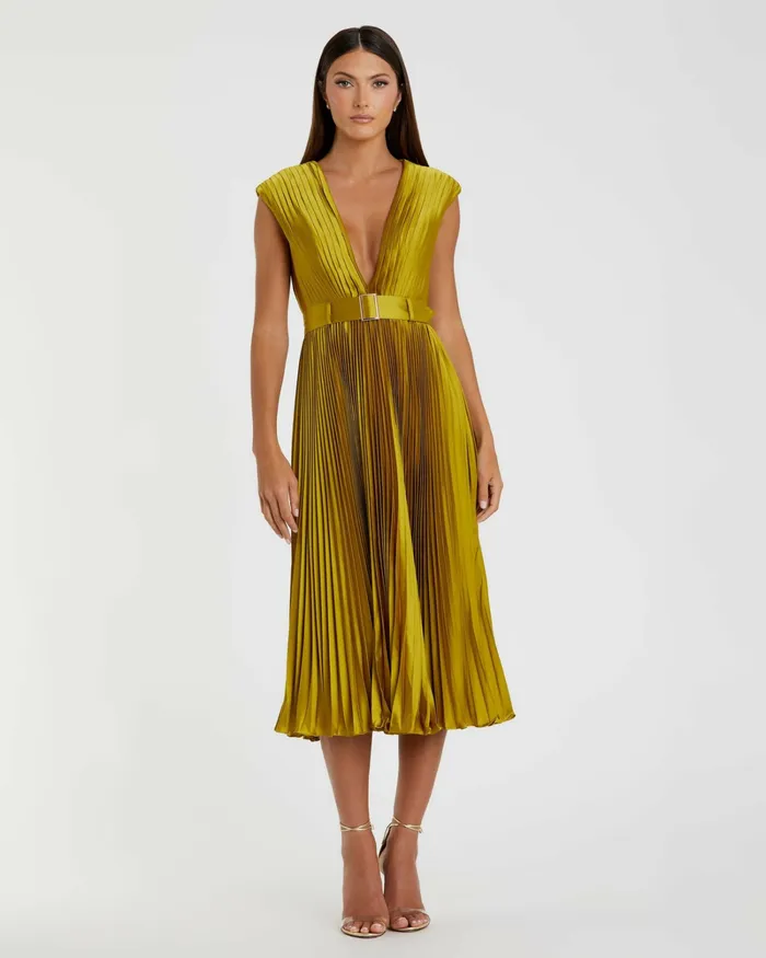 Pleated Cap Sleeve Belted A Line Dress Chartreuse Cocktail Dresses Mac Duggal Women