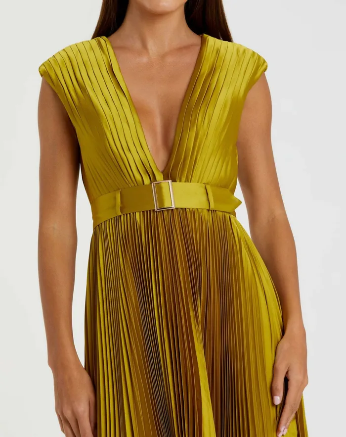 Pleated Cap Sleeve Belted A Line Dress Chartreuse Cocktail Dresses Mac Duggal Women