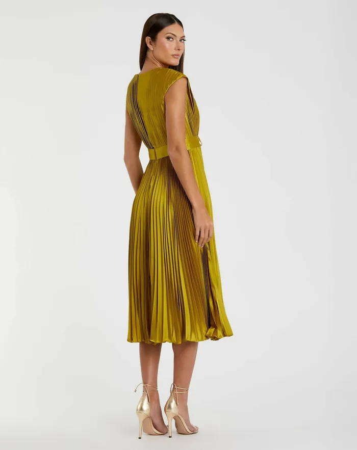Pleated Cap Sleeve Belted A Line Dress Chartreuse Cocktail Dresses Mac Duggal Women