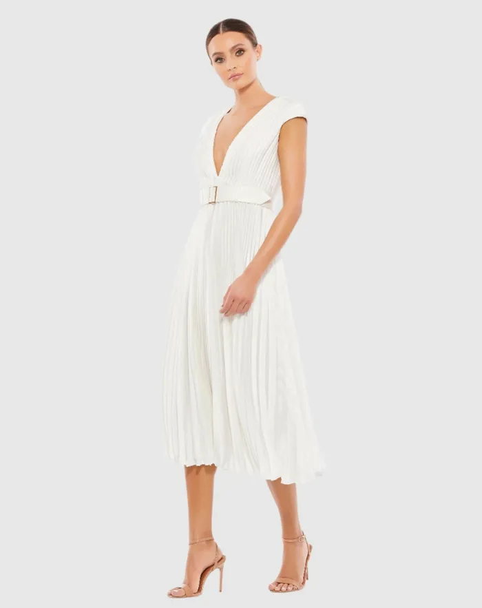 Pleated Cap Sleeve Belted A Line Dress Chartreuse Cocktail Dresses Mac Duggal Women