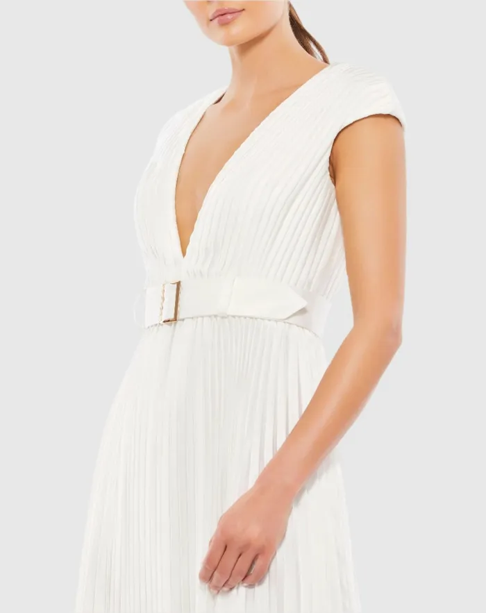 Pleated Cap Sleeve Belted A Line Dress Chartreuse Cocktail Dresses Mac Duggal Women