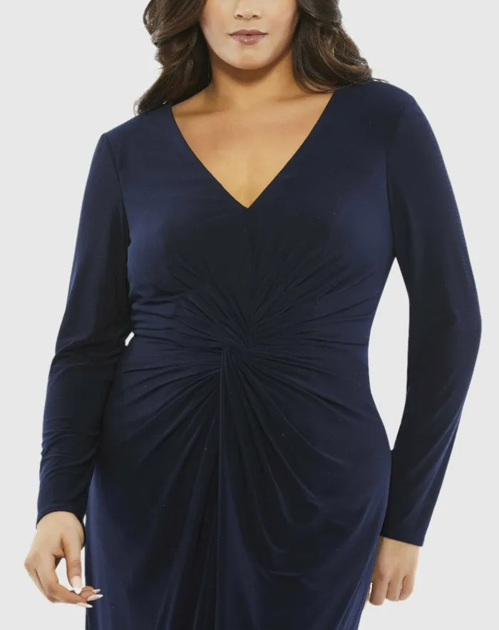 Plus Size Dresses Front Twist Long Sleeve VNeck Gown Plus Midnight 8211 Mac Duggal Women