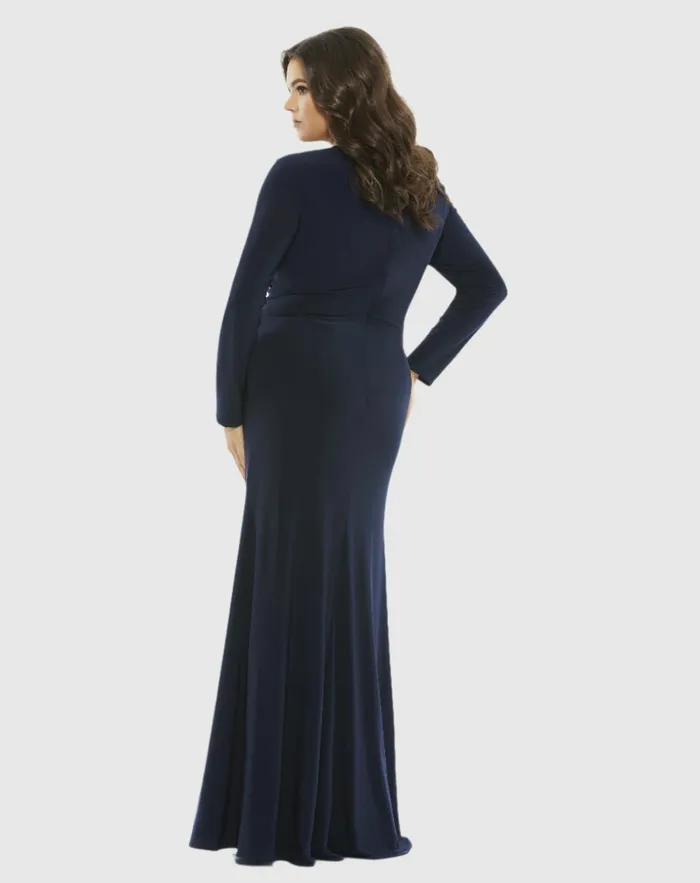 Plus Size Dresses Front Twist Long Sleeve VNeck Gown Plus Midnight 8211 Mac Duggal Women