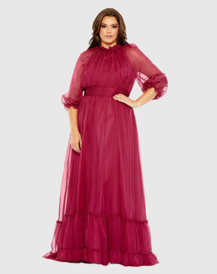 Plus Size Dresses High Neck Puff Sleeve Tiered A Line Dress Crimson Mac Duggal Women