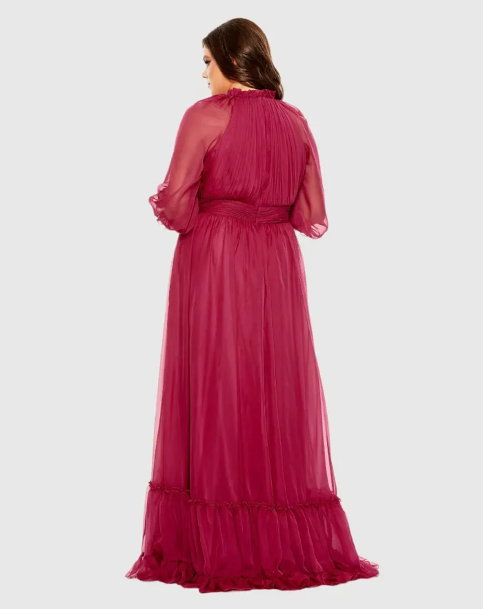 Plus Size Dresses High Neck Puff Sleeve Tiered A Line Dress Crimson Mac Duggal Women