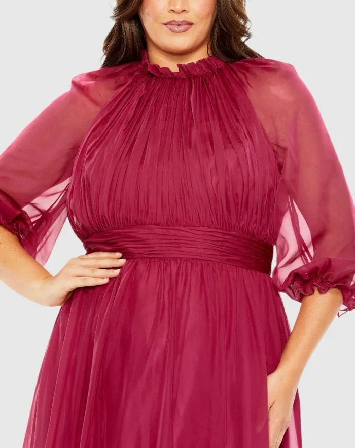 Plus Size Dresses High Neck Puff Sleeve Tiered A Line Dress Crimson Mac Duggal Women