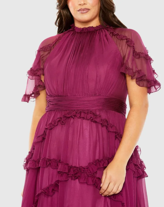 Plus Size Dresses Mac Duggal Women High Neck Ruffle Tiered Flutter Sleeve Plus Size Dress Raspberry