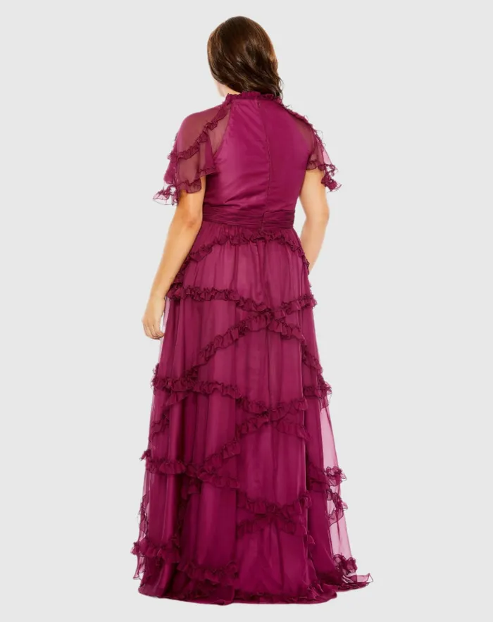 Plus Size Dresses Mac Duggal Women High Neck Ruffle Tiered Flutter Sleeve Plus Size Dress Raspberry