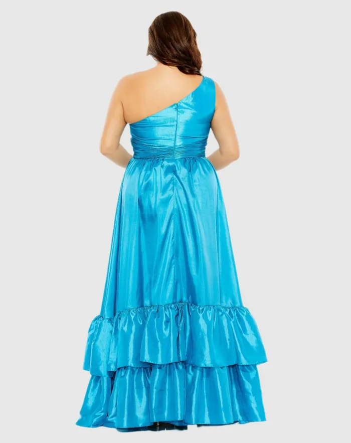 Plus Size Dresses Mac Duggal Women One Shoulder Asymmetrical Ruffle Hem Gown Turquoise Plus Size Dresses Mac Duggal Women One Shoulder Asymmetrical Ruffle Hem Gown Turquoise