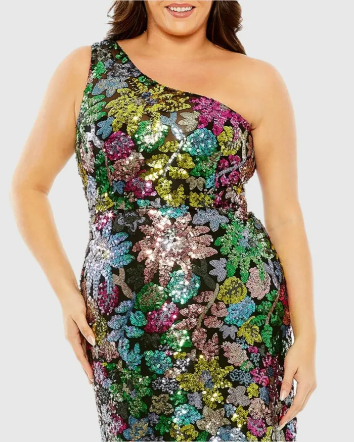 Plus Size Dresses Women One Shoulder Floral Sequin Gown Black Multi Mac Duggal