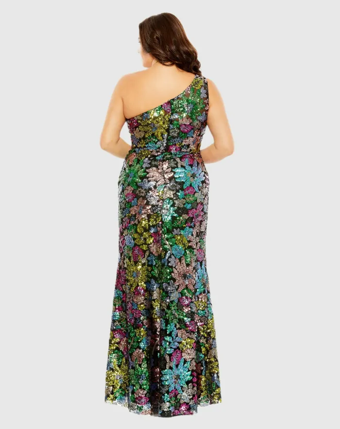 Plus Size Dresses Women One Shoulder Floral Sequin Gown Black Multi Mac Duggal