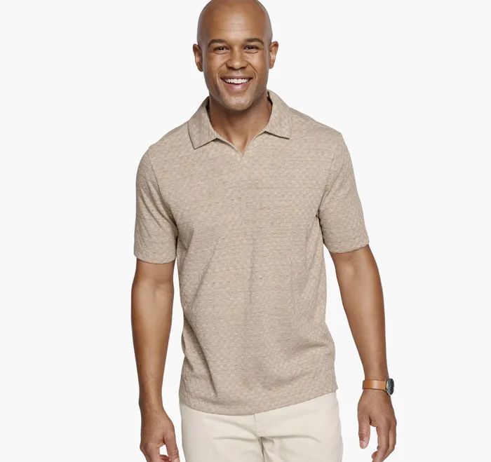 Polos and Tees Men Basketweave VNeck Polo Tan Johnston and Murphy