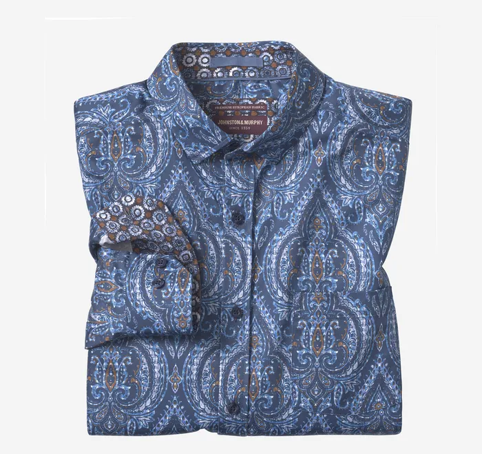 Printed Cotton Shirt Navy Oversized Medallion Men Shirts Johnston and Murphy