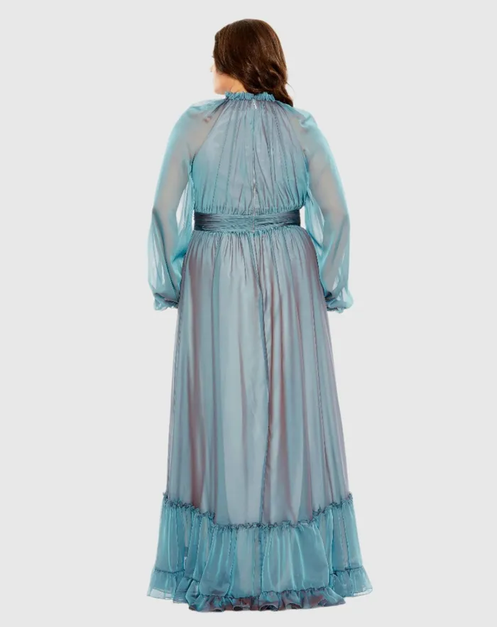 Puff Sleeve w Embellished Cuff V Neck A Line Dress Plus French Blue Plus Size Dresses Mac Duggal Women