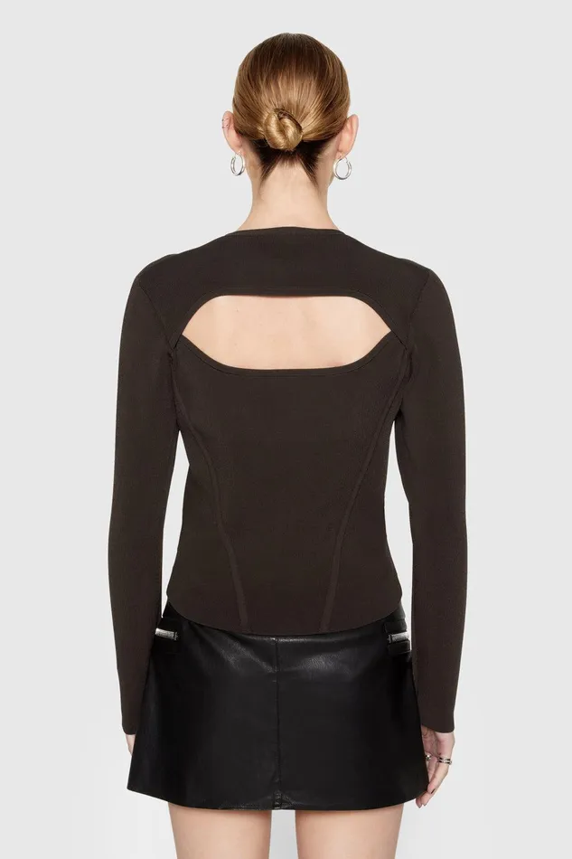 Rebecca Minkoff Bonnie Long Sleeve Black Coffee Women Sweaters and Sweatshirts