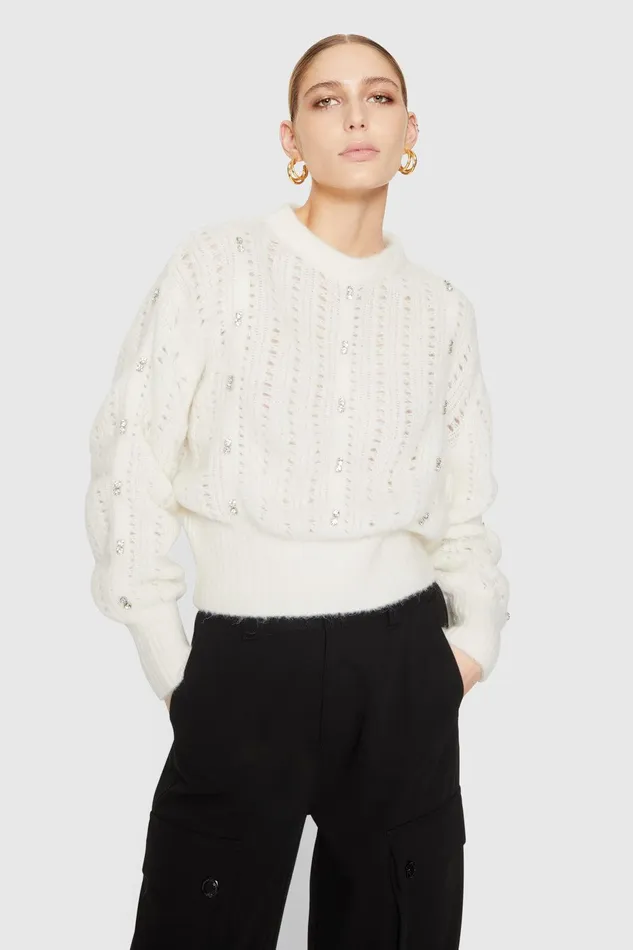 Rebecca Minkoff Cecilia Crystal Embellished Sweater White Women Sweaters and Sweatshirts