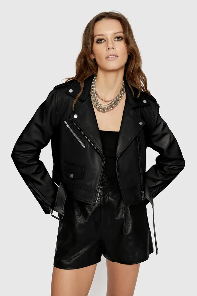 Rebecca Minkoff Cropped Jett Moto Jacket Black Women Leather