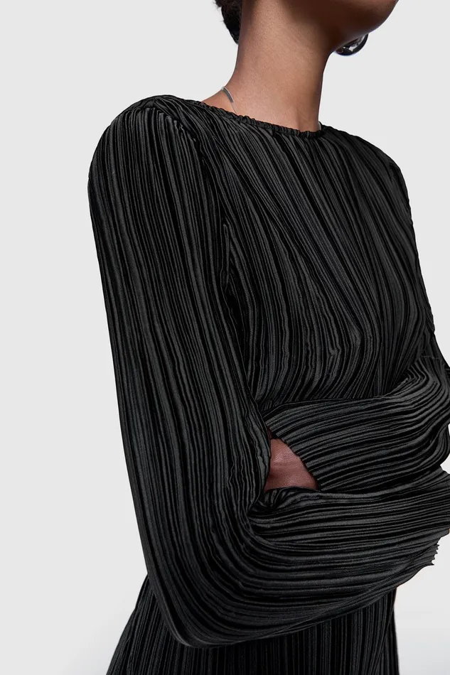 Rebecca Minkoff Iris Pleated Long Sleeve Mini Dress Black Women Dresses