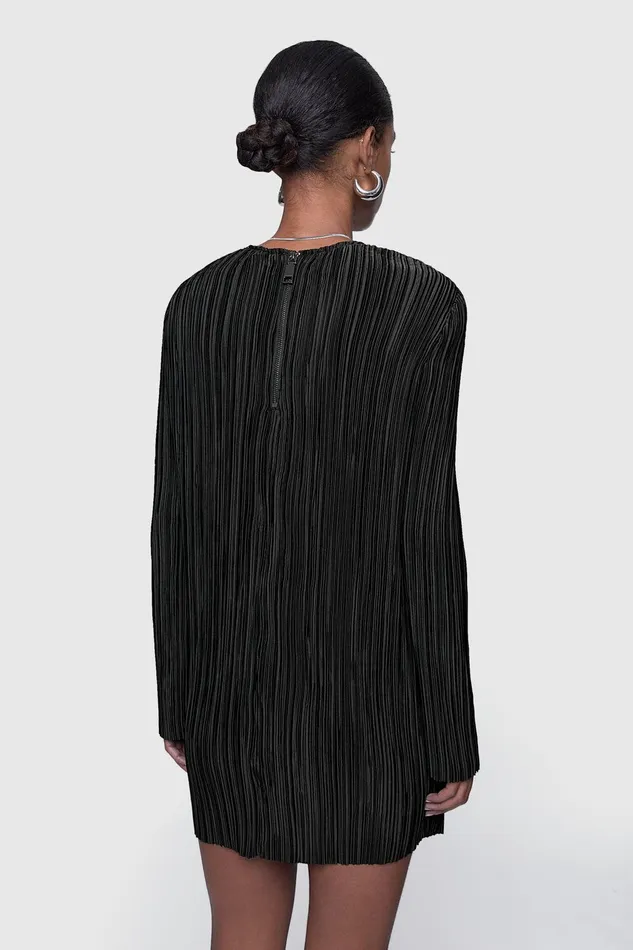 Rebecca Minkoff Iris Pleated Long Sleeve Mini Dress Black Women Dresses