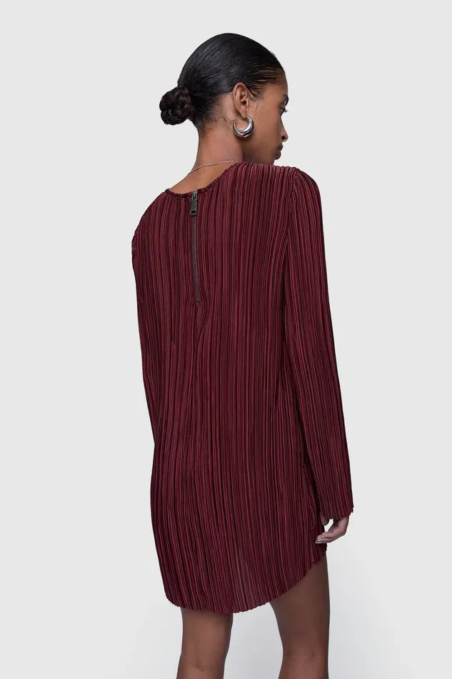 Rebecca Minkoff Iris Pleated Long Sleeve Mini Dress Lacquer Women Dresses