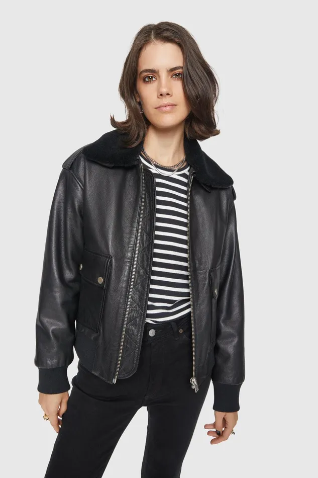 Rebecca Minkoff Orly Aviator Jacket Black Women Leather