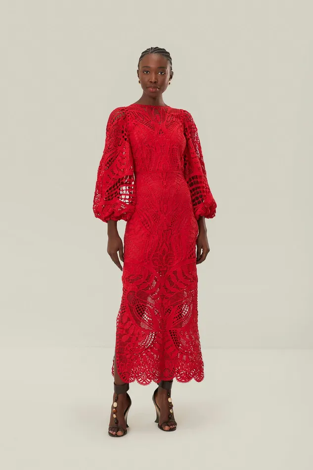 Red Nature Guipure Midi Dress Women Farm Rio Midi Dresses