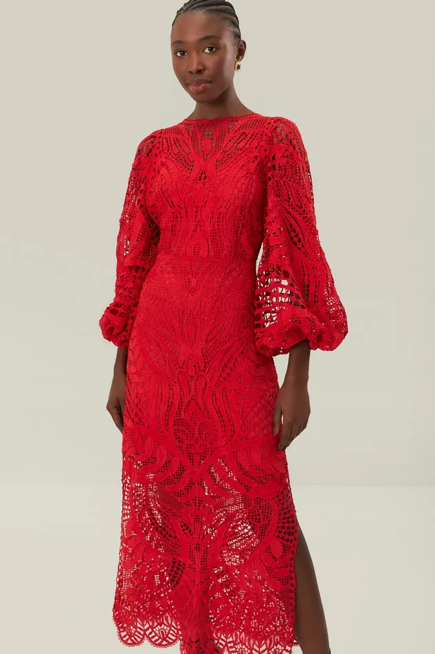 Red Nature Guipure Midi Dress Women Farm Rio Midi Dresses