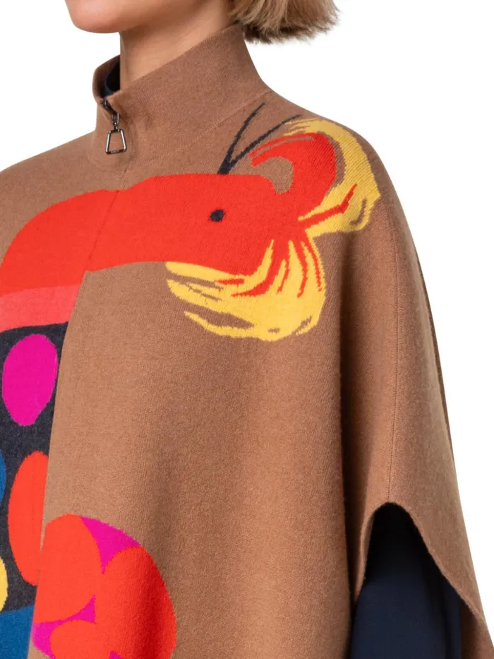 Reversible Cashmere Cape With Rooster Intarsia Vicunamulticolor Women Akris Knitwear