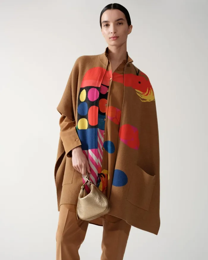Reversible Cashmere Cape With Rooster Intarsia Vicunamulticolor Women Akris Knitwear