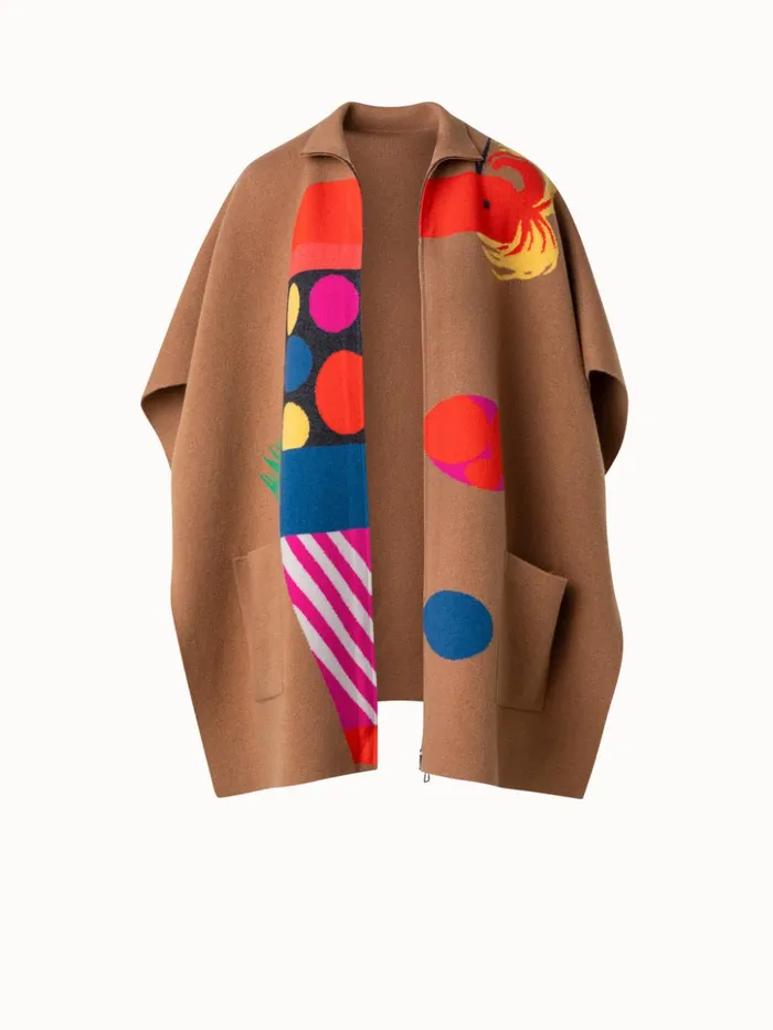 Reversible Cashmere Cape With Rooster Intarsia Vicunamulticolor Women Akris Knitwear