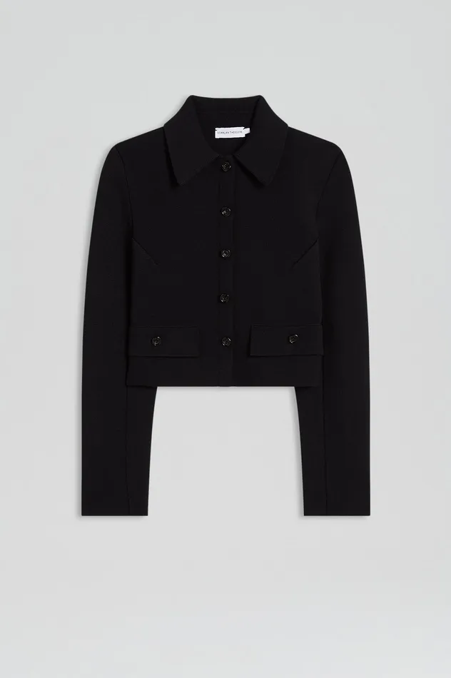 Scanlan Theodore Jackets Women CREPE KNIT CROP BUTTON JACKET BLACK Scanlan Theodore Jackets Women CREPE KNIT CROP BUTTON JACKET BLACK