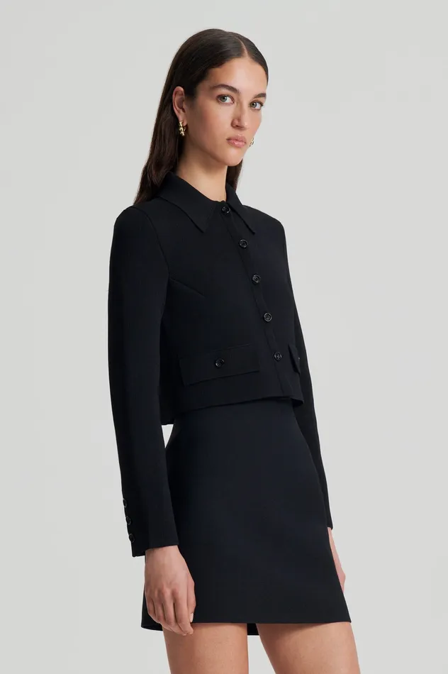 Scanlan Theodore Jackets Women CREPE KNIT CROP BUTTON JACKET BLACK Scanlan Theodore Jackets Women CREPE KNIT CROP BUTTON JACKET BLACK
