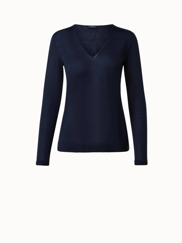 Seamless Cashmere Silk Knit VNeck Pullover Navy Women Akris Knitwear