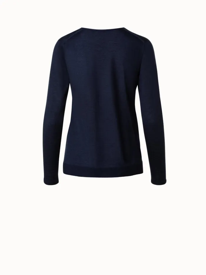 Seamless Cashmere Silk Knit VNeck Pullover Navy Women Akris Knitwear