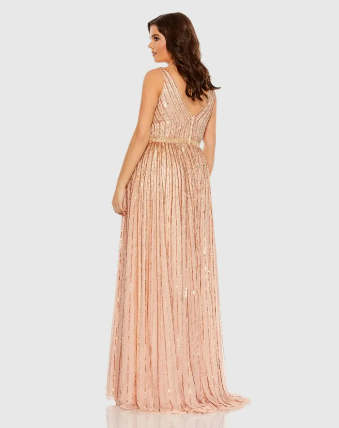 Sequined Striped Sleeveless V Neck A Line Gown Plus Apricot Plus Size Dresses Mac Duggal Women