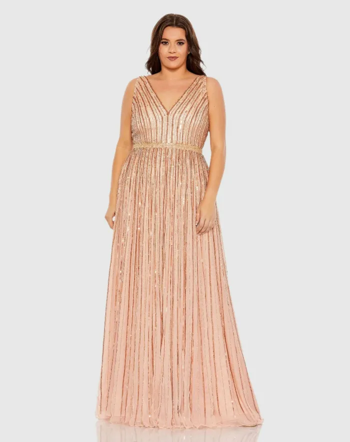 Sequined Striped Sleeveless V Neck A Line Gown Plus Apricot Plus Size Dresses Mac Duggal Women