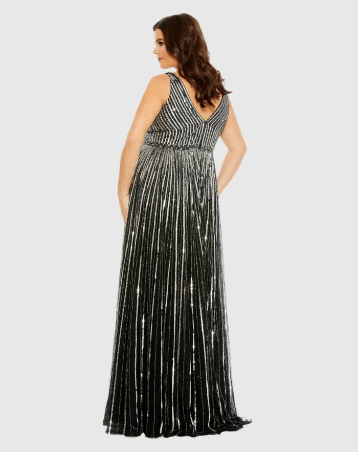 Sequined Striped Sleeveless V Neck A Line Gown Plus Apricot Plus Size Dresses Mac Duggal Women