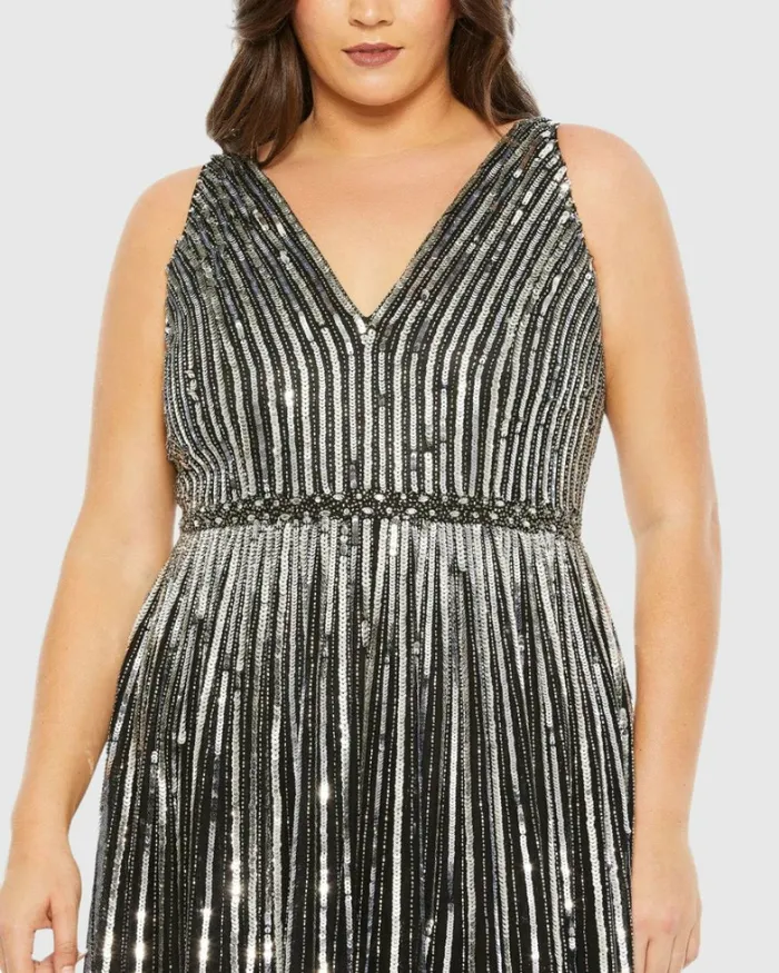 Sequined Striped Sleeveless V Neck A Line Gown Plus Apricot Plus Size Dresses Mac Duggal Women