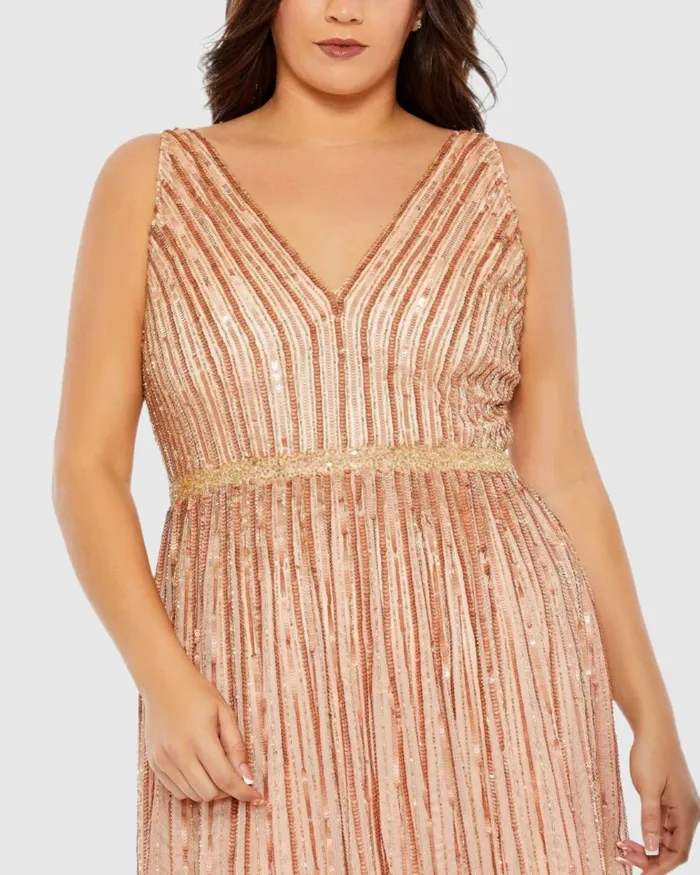 Sequined Striped Sleeveless V Neck A Line Gown Plus Apricot Plus Size Dresses Mac Duggal Women