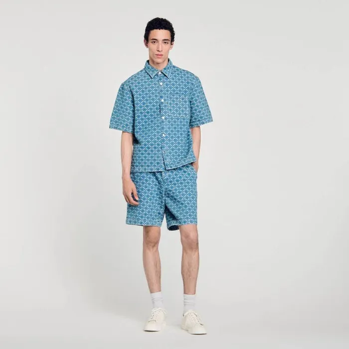 Shirts Men SANDRO Square Cross Denim Shirt Sky Blue