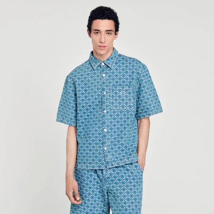 Shirts Men SANDRO Square Cross Denim Shirt Sky Blue