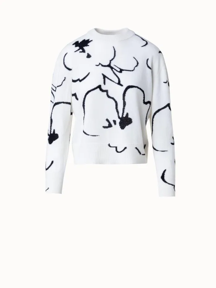 Short Cashmere Pullover With Sketched Abraham Flower Intarsia Ecrublack Women Akris Knitwear