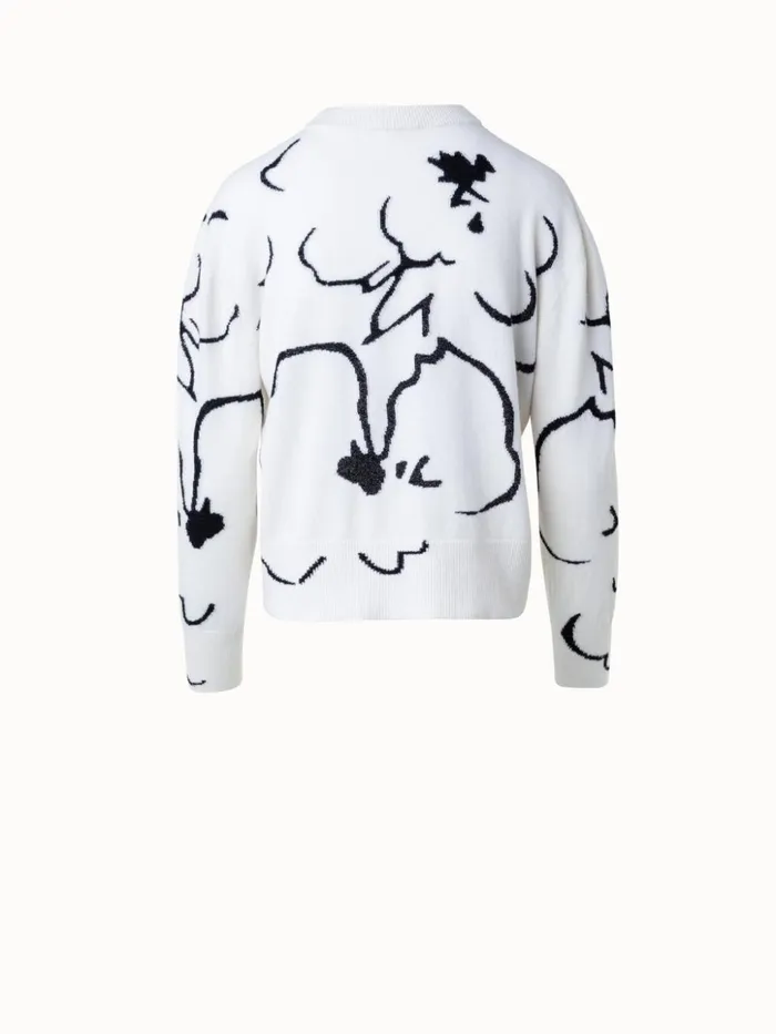 Short Cashmere Pullover With Sketched Abraham Flower Intarsia Ecrublack Women Akris Knitwear