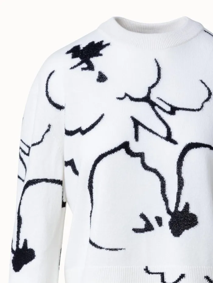 Short Cashmere Pullover With Sketched Abraham Flower Intarsia Ecrublack Women Akris Knitwear