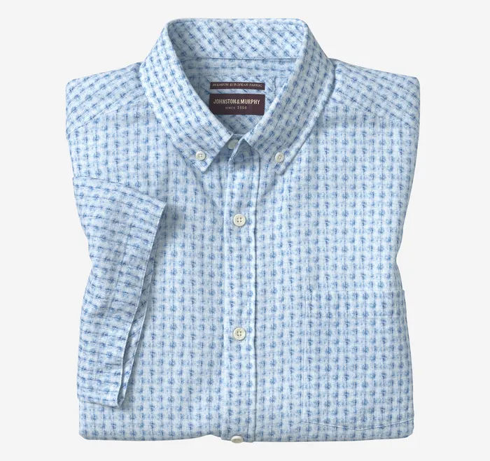 ShortSleeve Shirts Men CottonLinen ShortSleeve Print Shirt Blue Illusion Johnston and Murphy