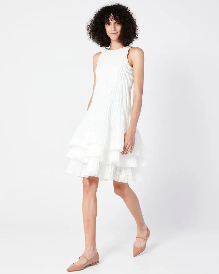 Short Sleeveless Dress With Pleated Skirt In SemiSheer Organza Ecru Women Akris Dresses